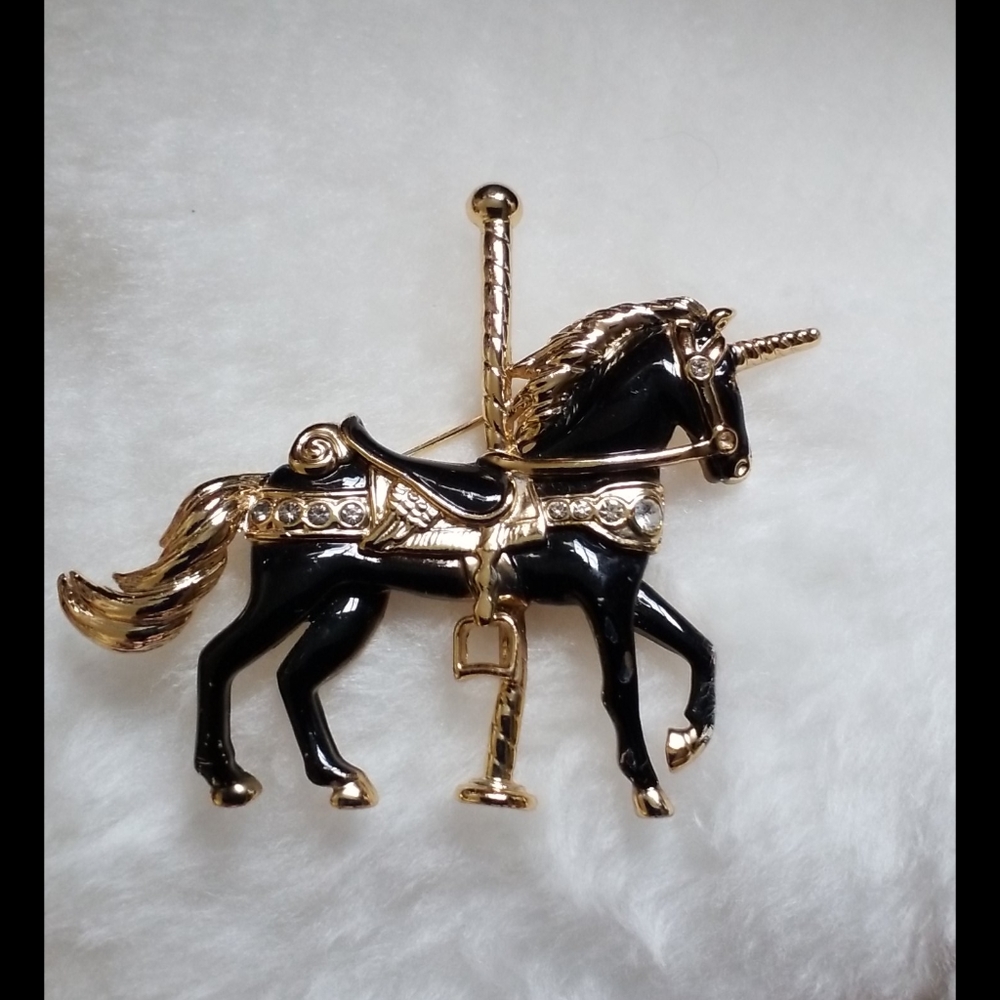 Rhinestone Unicorn Horse Carousel Brooch - Picture 1 of 8